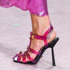 NWOT DUALIPAxVERSACE Medusa Runway Studded Jelly Slant Heel Sandals Size…